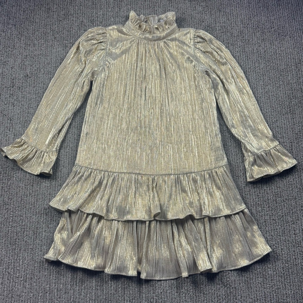 Janie and Jack Girls Gold Metallic Plisse Ruffle Tiered Party Dress Size 8